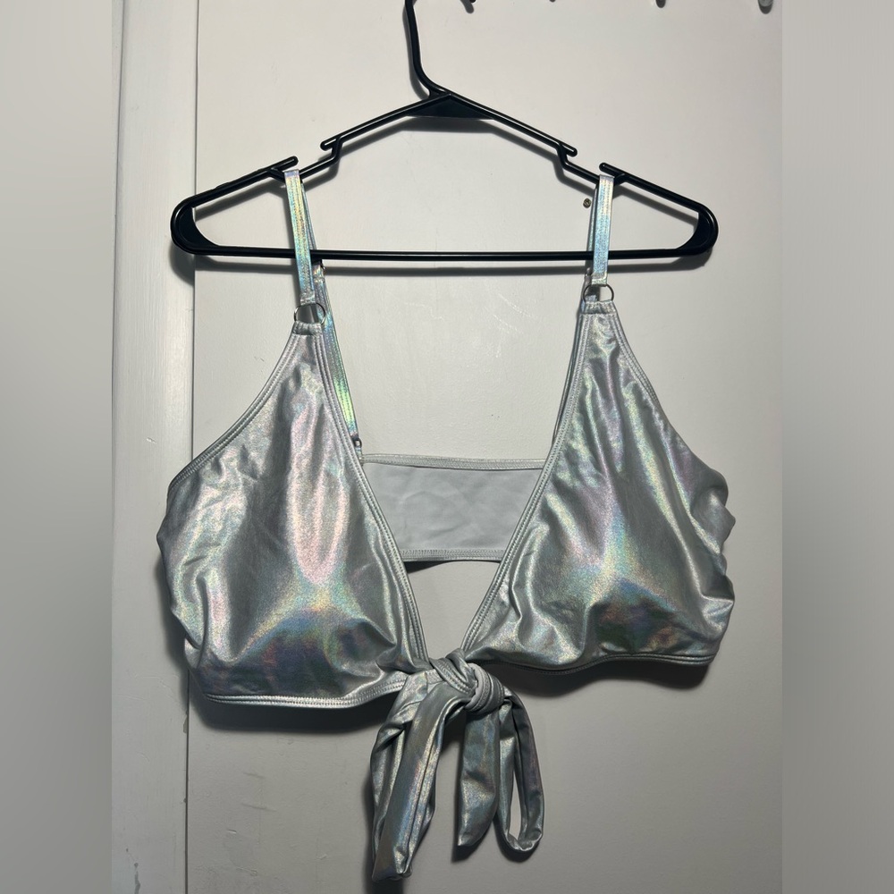 Holographic Silver Tie-Front Bikini Top